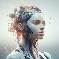 Beautiful robot portrait on light background. Artificial intelligence concept. AI Generated. photo