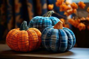 textil arte calabazas naranja y azul colores. acogedor hogar arte bricolaje decoración para otoño otoño estación. ai generativo foto