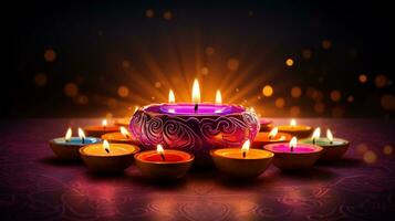 Candle light and bokeh background celebrate Indian Holiday Diwali. AI Generative photo