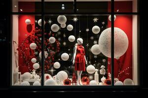 Shop Window with festive white red Christmas decorations idea. AI Generative photo
