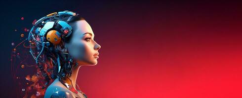 A robot portrait on red banner background. Artificial intelligence concept. AI Generated. photo