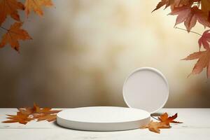 Autumn cosmetics template. Empty podium or pedestal for cosmetic products in autumn scene. AI Generative photo