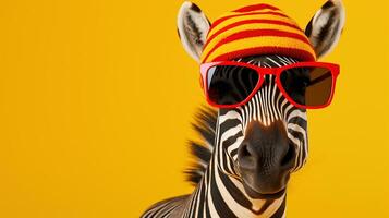 A zebra in yellow glasses and a cap on a orange background. AI Generative. Copy space. photo