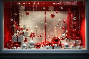 Shop Window with festive red white Christmas decorations. AI Generative. photo