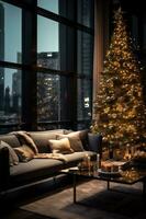Apartment loft interior with Merry Christmas tree and New Year decorations. AI Generative photo