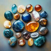 Top view of many different precious stones. Gemstones for jewelry, spiritual practices, meditations and relaxation. AI Generative. photo