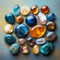 Top view of many different precious stones. Gemstones for jewelry, spiritual practices, meditations and relaxation. AI Generative. photo