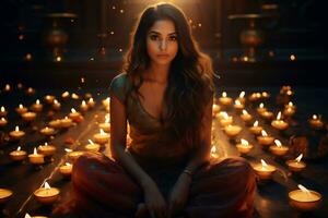 Candles lights and Indian woman among them. Indian Holiday Diwali concept. AI Generative photo