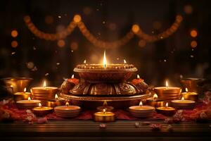 Many candles lights and bokeh celebrate Indian Holiday Diwali. AI Generative. photo