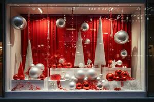 Shop Window with festive red white Christmas decorations. AI Generative. photo