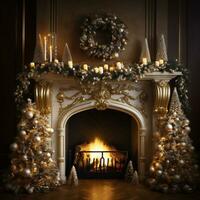 Fireplace with Christmas tree decorations, candles and presents. Cozy Christmas home. AI Generative. photo