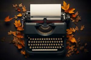 Typewriter with fall autumn leaves on a dark background top view. AI Generative. photo