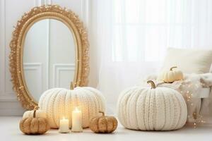 Interior of a white room with a mirror, candles and decorative pumpkins. Autumn home decor concept. AI Generative photo