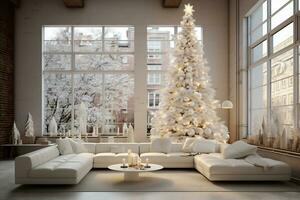 Apartment loft interior with Christmas tree and white decorations. AI Generative photo