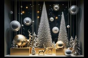 Shop Window with festive Christmas decorations. AI Generative. photo