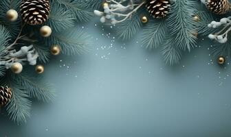 Ai generated Christmas background. Spruce branch and snowflakes frame. Space for text. photo