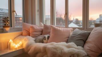 ai generado linda gato dormido en sofá en vivo habitación a Navidad hora foto
