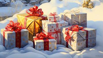 AI Generative Christmas gifts on the white snow in the winter forest. Christmas background photo