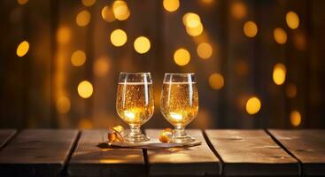 AI Generative Two glasses of beer on wooden table with Christmas lights. bokeh background. Elements of Christmas decoration on the table. photo