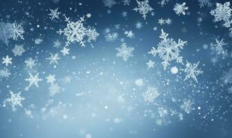 Ai generated Falling snowflakes on blue background. Blurred snowflakes. Christmas background. photo