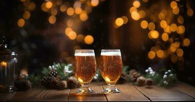 AI Generative Two glasses of beer on wooden table with Christmas lights. bokeh background. Elements of Christmas decoration on the table. photo