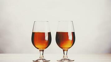 Two glasses of brandy on a wooden table on a light background. AI Generative photo