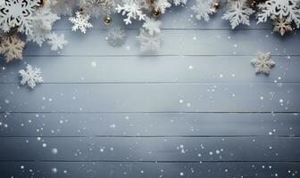 Ai generated Christmas background. Spruce branch and snowflakes frame. Space for text. photo