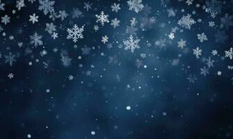 Ai generated Falling snowflakes on blue background. Blurred snowflakes. Christmas background. photo