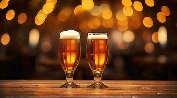 AI Generative Two glasses of beer on a wooden table in a pub. Bokeh lights on background. photo