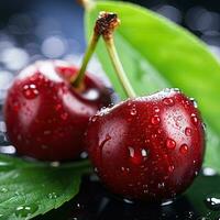 Sweet cherries with drops of water on a dark background closeup. ai generated image photo