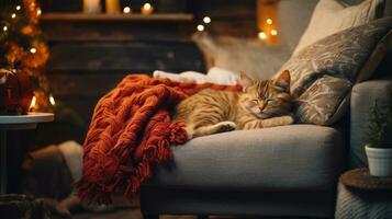 Cute cat sleeping on sofa at home, closeup. Lovely pet Ai generated photo