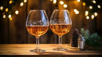 AI Generative Two glasses of beer on wooden table with Christmas lights. bokeh background. Little pine branch on the table. photo