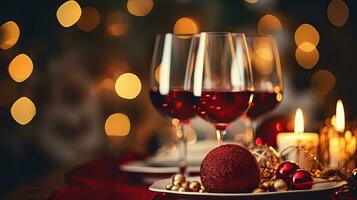 AI Generative Festive table setting with red wine glasses and Christmas ornaments photo