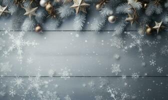 Christmas background. Spruce branch and snowflakes frame. Space for text. Ai Generated photo