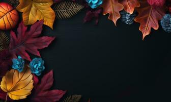 Ai generated Autumn flowers frame on wooden background. Seasonal yellow and red flowers. Autumn background. Space for text. photo