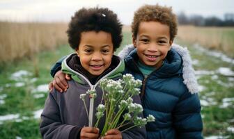 dos niños participación un ramo de flores de flores juntos. ai generado foto