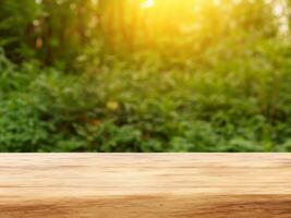 empty wooden tabletop podium in garden open forest, blurred green plants background with space. organic product presents natural placement pedestal display, spring and summer concept photo