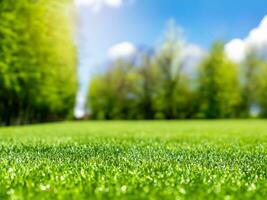 Beautiful blurred background image of spring nature with a neatly trimmed lawn surrounded by trees against a blue sky with clouds on a bright sunny day. photo