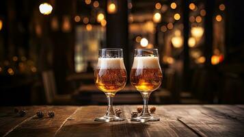 AI Generative Two glasses of beer on a wooden table with Christmas lights. Bokeh background. Dry pine cones on table. photo