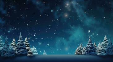 Ai generated Fantasy background with christmas night. Winter forest with fantastic moon and lights. Christmas background. photo