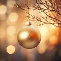 AI Generative White Christmas toy on pine branch. Snow on the pine branch and on the ball. Sunset light. Soft focus. Blurred lights. photo