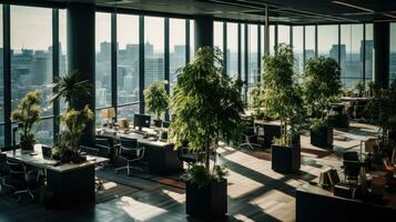 ai generativo moderno oficina interior con ordenadores y verde plantas. borroso antecedentes. foto