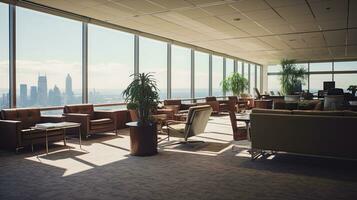 ai generative. Interior of modern office meeting room with panoramic city view photo