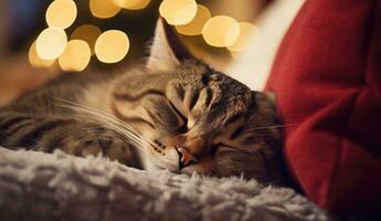 Cute cat sleeping on sofa at home, closeup. Lovely pet Ai generated photo