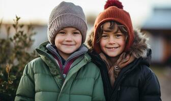 Two kids smiling together. Winter season. Sunset light. Ai generated photo