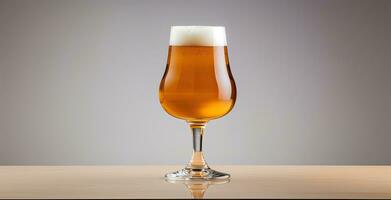 AI Generative glass of beer on a wooden table, isolated on gray background. light ale. empty space for text. photo