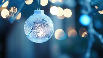 AI Generative Blue Christmas decoration hanging on a tree branch with bokeh background photo