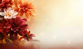 Ai generated Autumn flowers frame on wooden background. Seasonal yellow and red flowers. Autumn background. Space for text. photo