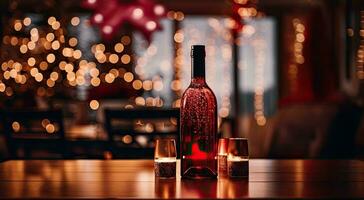 AI Generative Red wine bottle and glass candles on the table in a restaurant with bokeh lights. Christmas background. photo