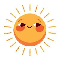 Sun character in cute style, face with a sticker. Sunshine with a smile for kids, doodled in a happy and fun way. Flat vector illustrations isolated in background.